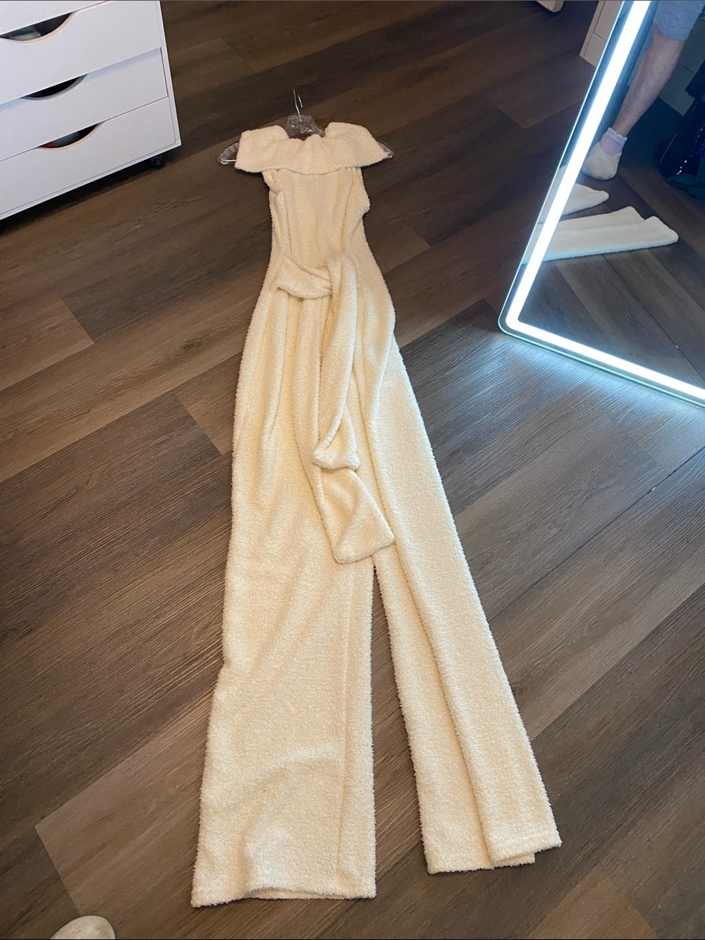 MOTF Cream Off-Shoulder Textured Jumpsuit with Waist Tie